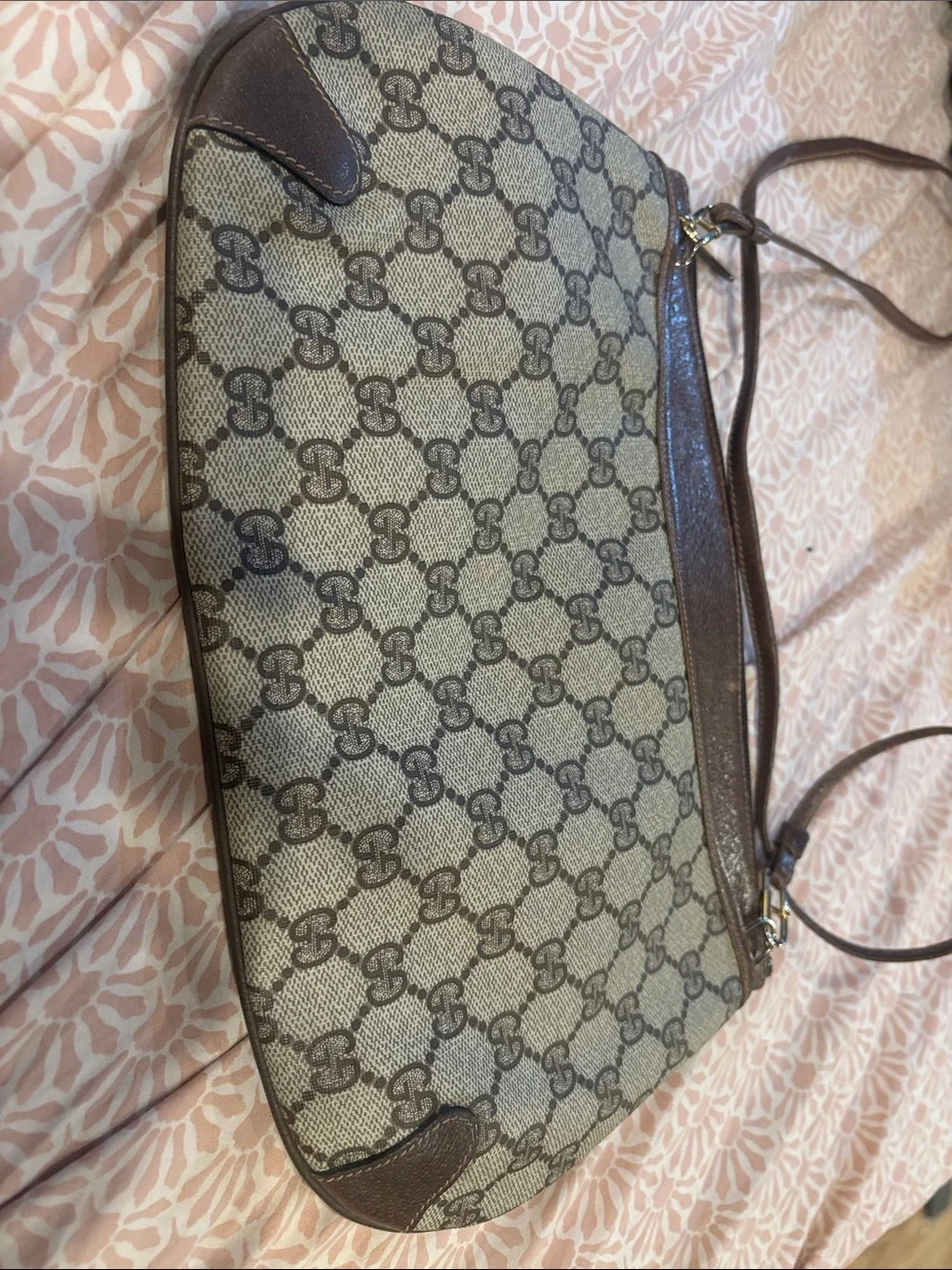 Gucci Beige Monogram Crossbody with Brown Leather and Green-Red Web